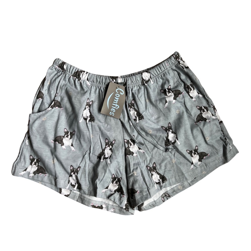 Comfies Boston Terrier Dog Print Pajama Shorts Gray Cotton Blend Large NWT